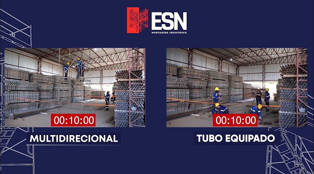Comparativo de montagem: andaime multidirecional e tubo equipado.